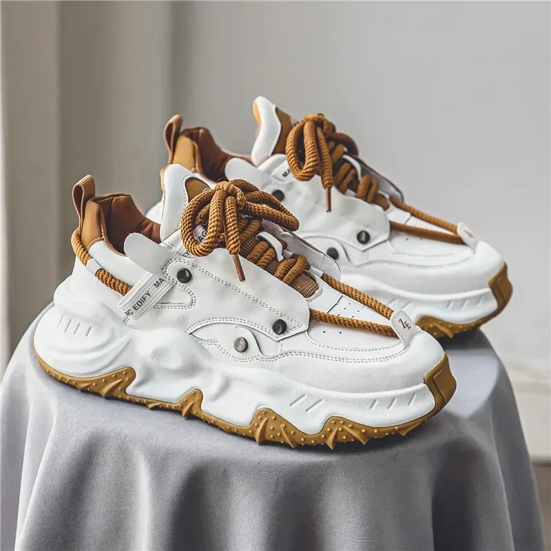 أحذية رياضية رجالية فاخرة موضة جلدية حذاء كاجوال الدانتيل يصل سميكة سوليد المعاول مصمم منصة أحذية فلكنيز عدم الانزلاق حذاء رجالي