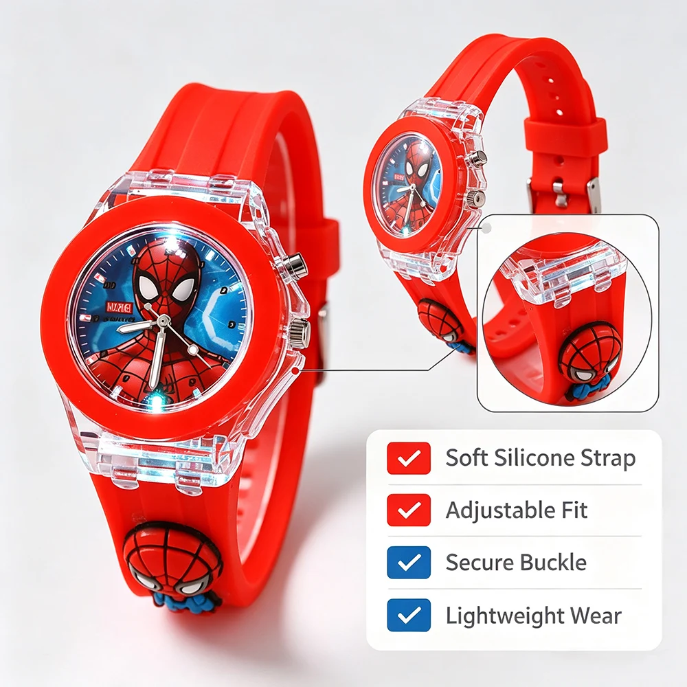 Fashion 3D Spiderman Children's Watches for Boy Flash Light Cartoon Figure Doll Kids Quartz Clock School Student Birthday Gifts view 6