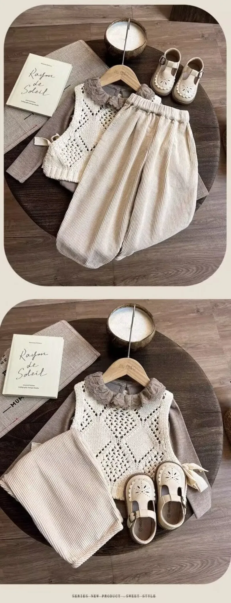 Bellbell Herbst-Strickpullover-Set für Mädchen, 3-teilig, 2-8 Jahre, Unterhemd + Strickweste + Hose, Outfit für Kleinkinder und Babys – Detail 9