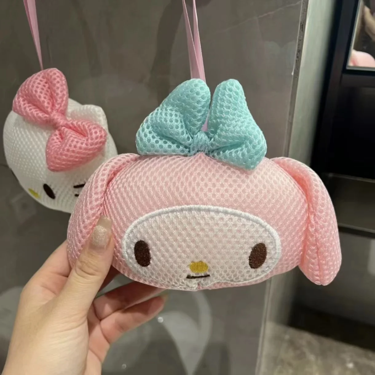 Esponjas de baño Kawaii de Hello Kitty, accesorios de baño de limpieza de muñeca esférica, Loofahs Sanrio, Anime My Melody, moda Linda