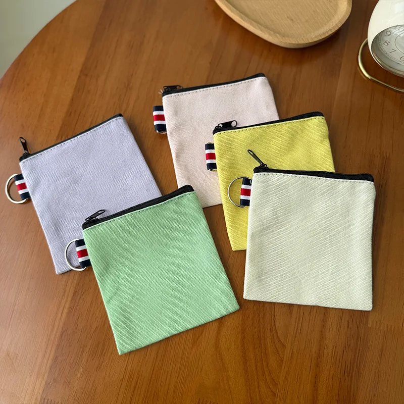 Custom Logo Canvas Zipper Coin Purse With Key Ring Mini Change Pouch Portable Small Wallet Coins Cards Keys Earbuds Daily Tiny