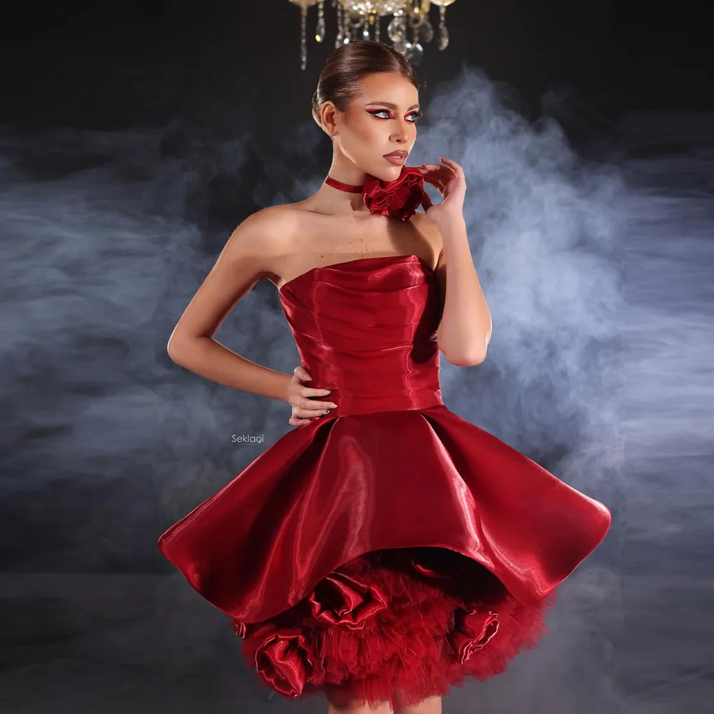 

Eye Catching Dark Red A-line Mini Women Dresses To Party Ruffles Tulle And Handmade Flower Short Birthday Dress Wedding Dress