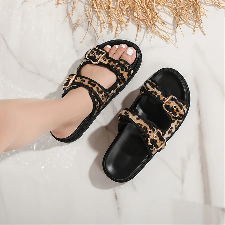 2024 New Leopard Print Women Slippers Summer Horsehair Thick Sole Sandals Metal Buckles Ladies Outdoor Beach Slides Big Size 43