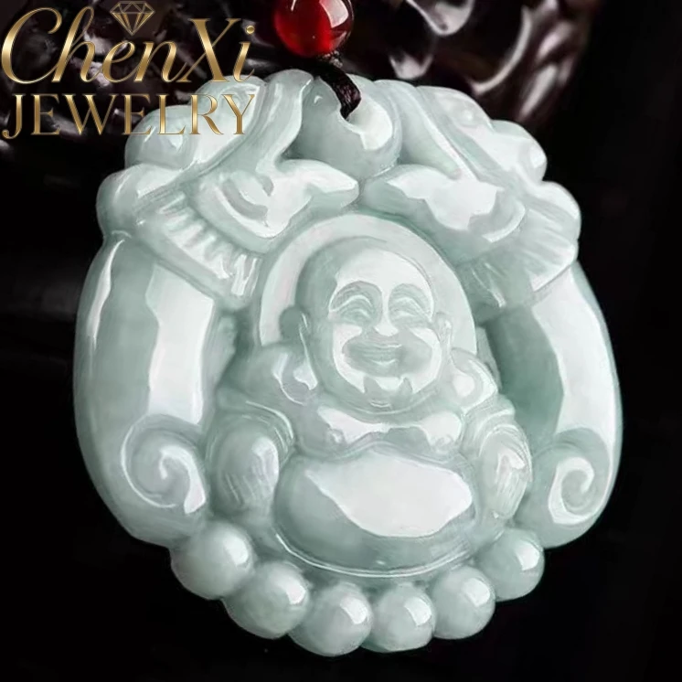 Burmese Waxy Jadeite Twin-Dragon Guarding Laughing Buddha Pendant Blessed Merriment Protection Uplifting Happiness Good Gift