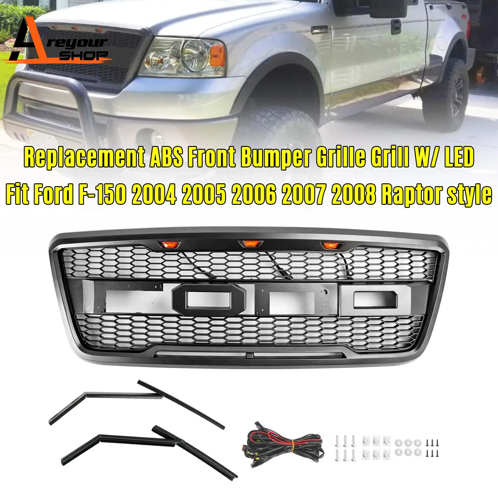 

Raptor Style Front Mesh Hood Grille Grill Fit for Ford F150 2004-2008 With LED