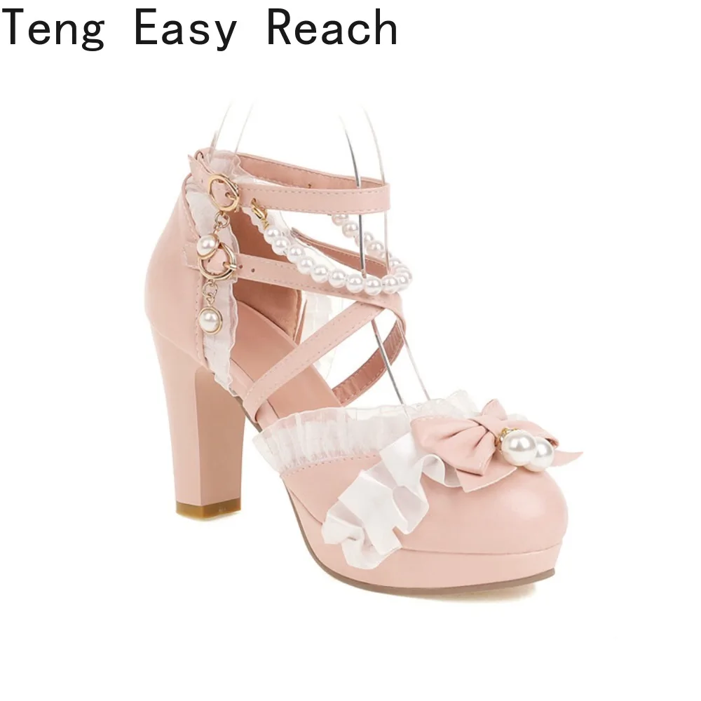 Girls High Heels Lolita Sandals Women Platform Single Pumps Sweet BowKnot Ruffles Wedding Cosplay Party Princess Shoes Size33-46