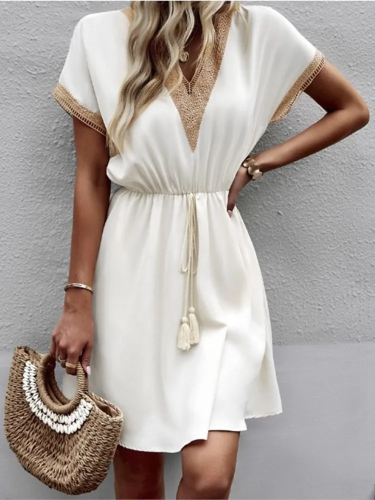 

Summer Women's Comfortable Casual Loose Dress Fashionable Simple Solid Color Lace V-neck Short-sleeved Waist Tie Dresses