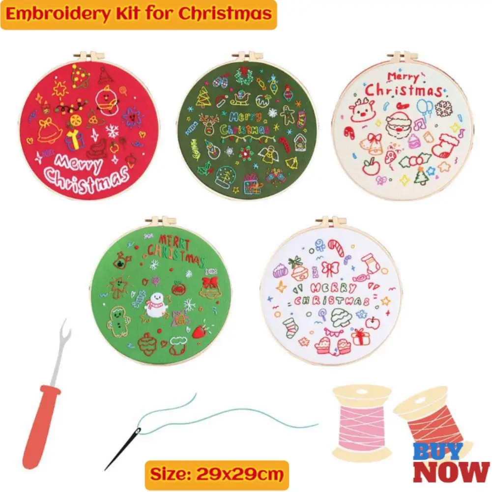 Embroidery Kit For Christmas DIY Wreath Printed Pattern Flower Cross Stitch Set Needlework Hoop Handmade Sewing Art Craft Kit