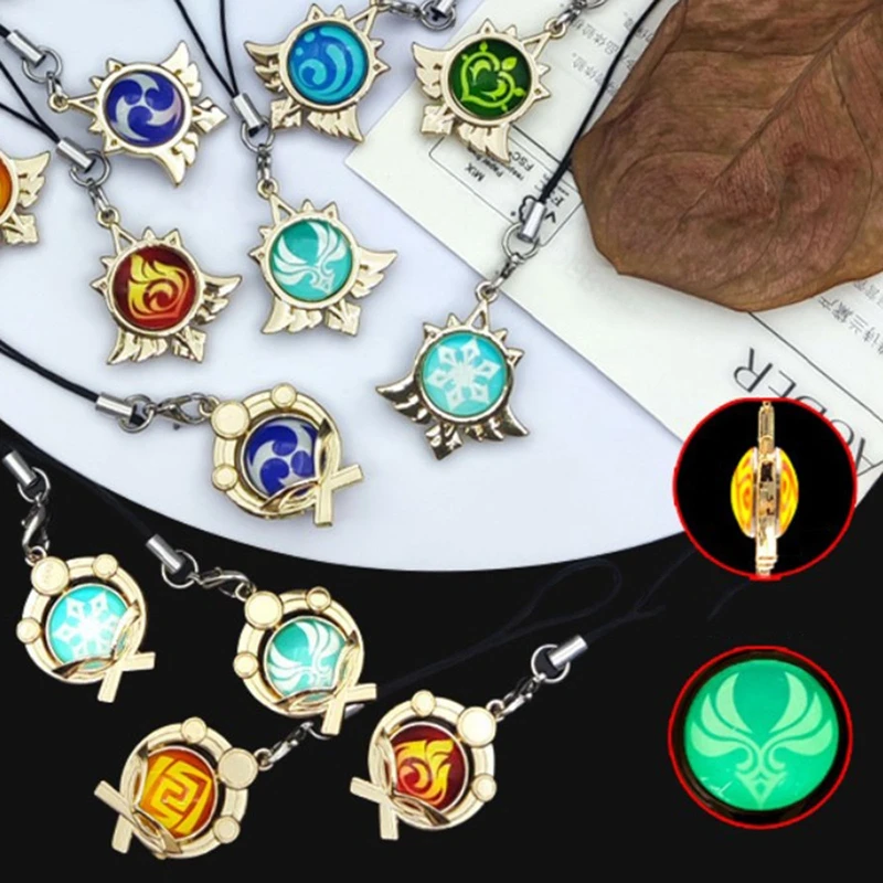 Genshin Impact Mobile Phone Pendant Luminous Double-Side Glass Keychain Symbol Pendant 7 Element Weapons Eye Of Original Keyring