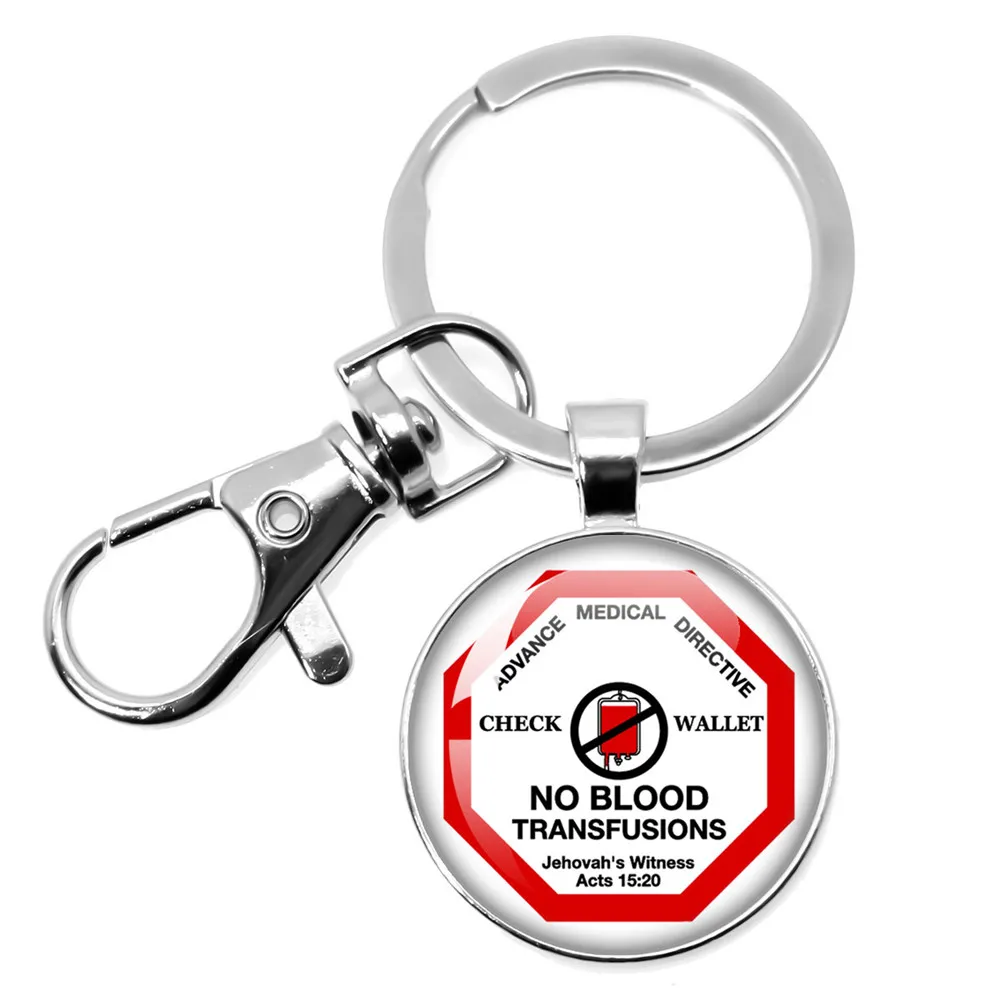 Porte-clés à breloque JW.Org 'No BLOOD', cabochon en verre, pendentif circulaire, bijoux, cadeau, 25mm/30MM
