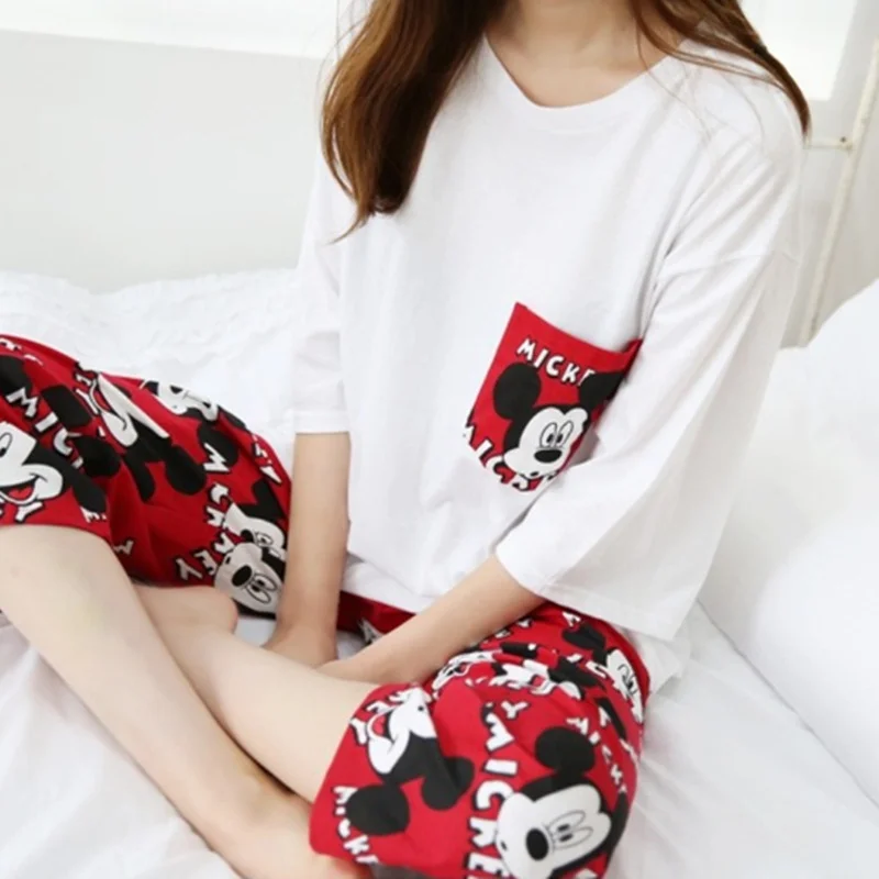 Disney Mickey summer new short-sleeved cute cartoon pajamas women\'s summer loose cropped pants loungewear