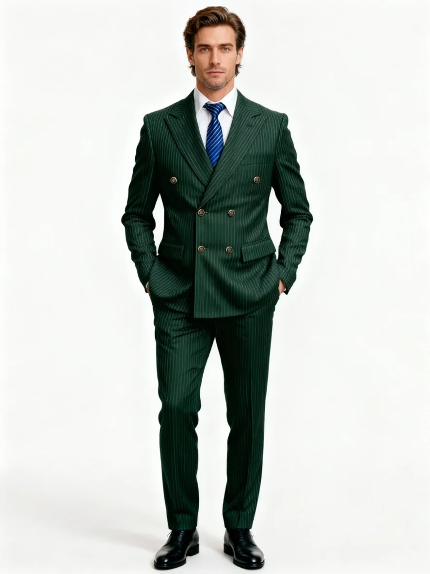 

Men's Green Pinstripe Double Breasted Suit 2 Piece Slim Fit Formal Business Wedding Blazer Pants Set