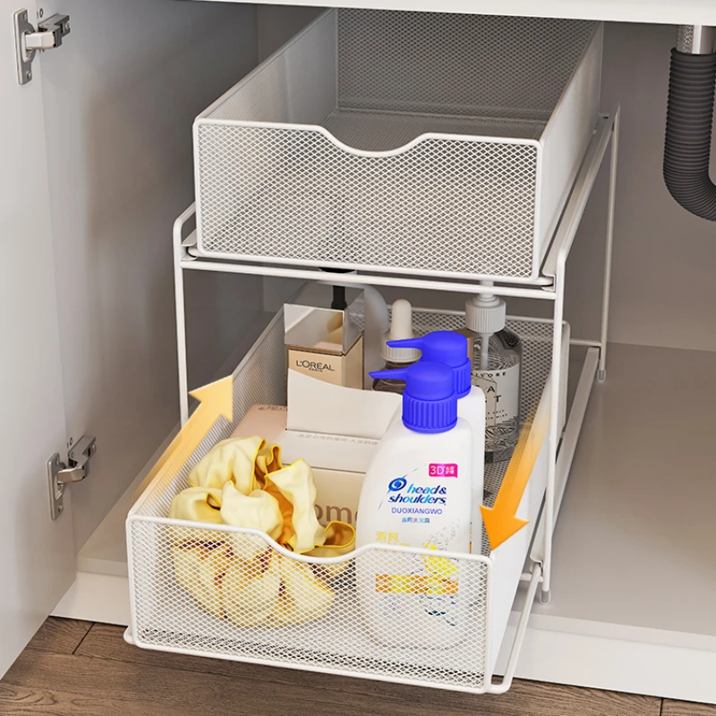 2-Tier Sliding Cabinet Basket Organizer Drawer Bathroom Pull-Out Double Shelf Under Sink Countertop Pantry