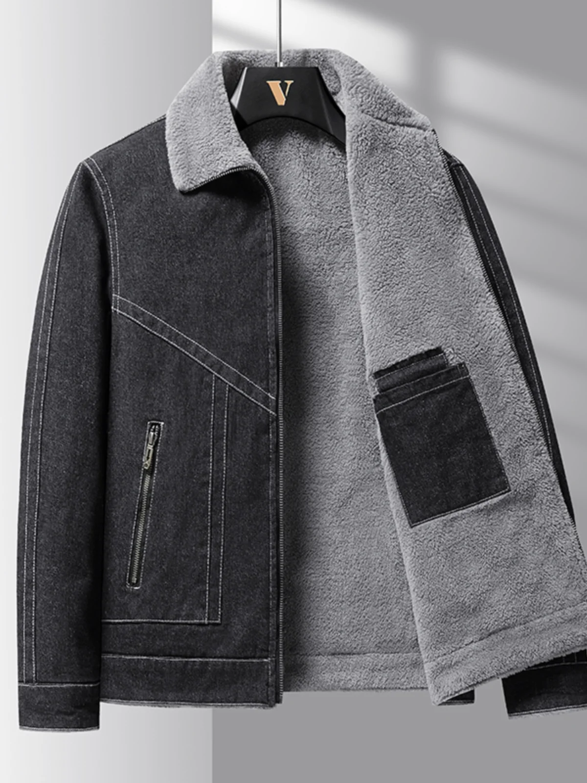 

Men's Winter Fce Lined Denim Jaet Loose Thiened Cotton Coat Warm Faionable Urban Sle Long Sve Zipper Closure