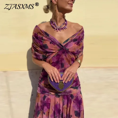 Ropa elegante para mujer, vestido plisado de cintura alta con estampado Floral bohemio, nuevo vestido acampanado de cóctel con manga de murciélago y pecho bajo