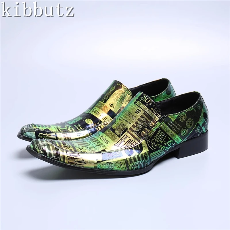 Mens Green Printing Loafers Luxury Design Genuine Leather Pointed Toe Slip-On Oxford Shoes Casual Male Footwear