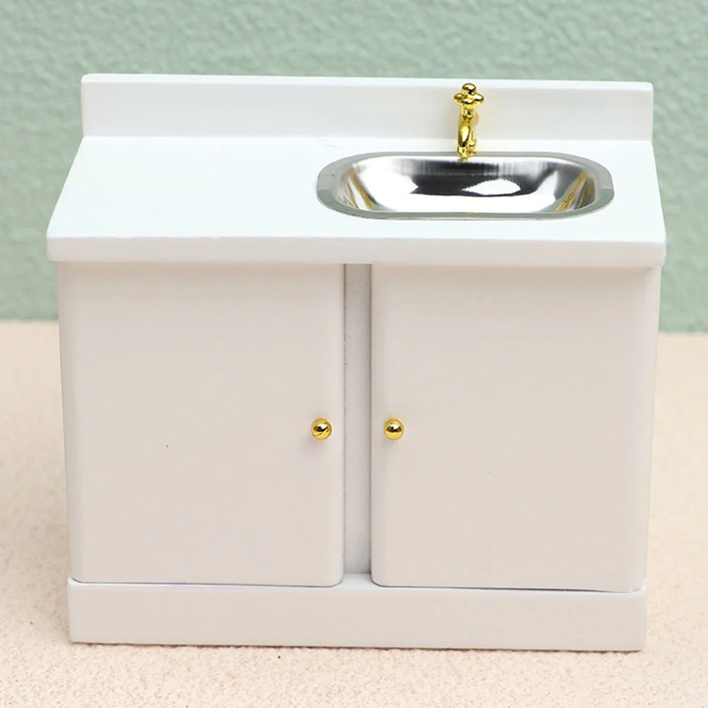 Dollhouse Cupboard Miniature Sink Counter Kitchen Accessory Decor Tiny Home Furniture Accessories Wooden Model Micro Scene