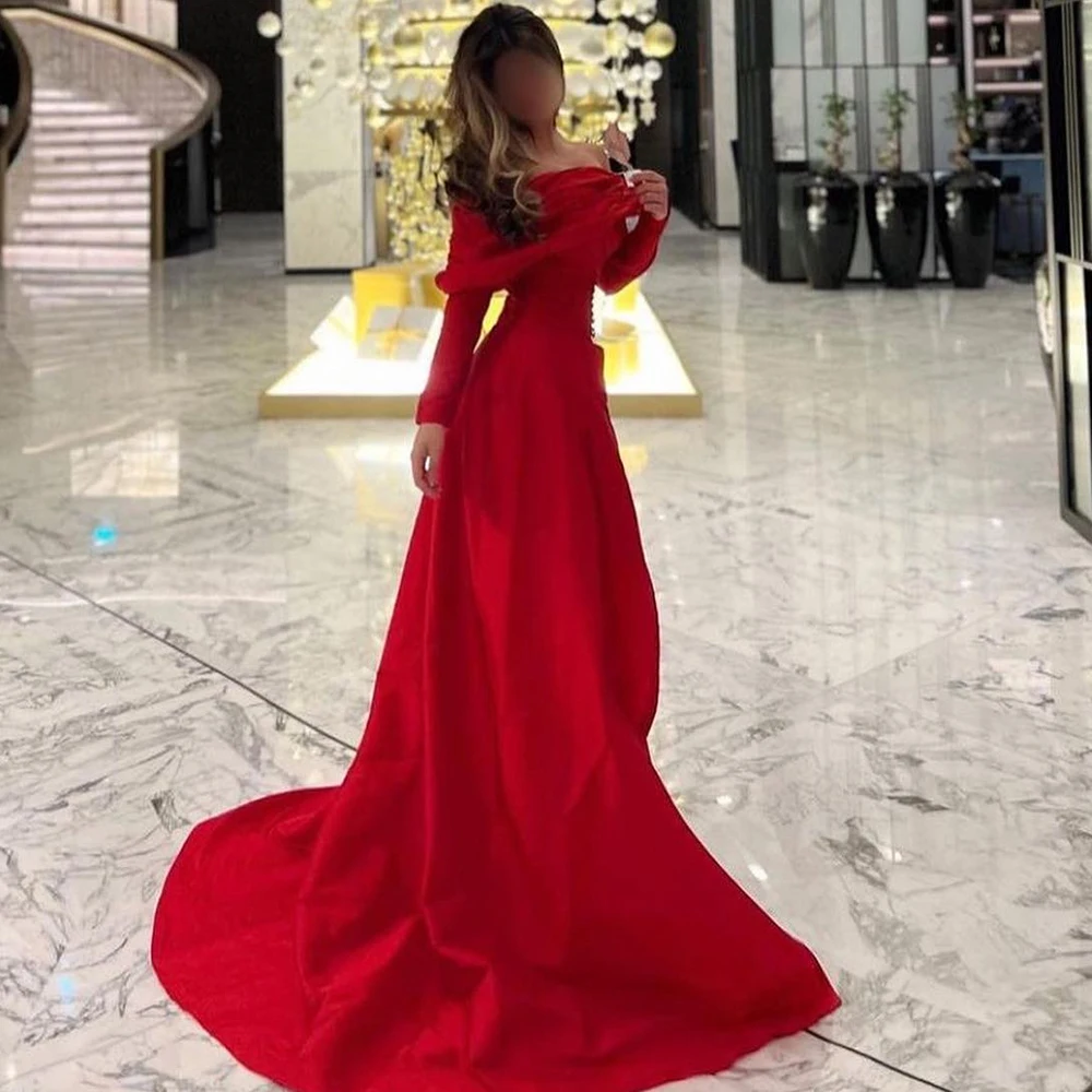 

Saudi Arabia Evening Gowns Satin Off the Shoulder Straight 3/4 Sleeves Floor Length Pleats Court Train Special Occasion Gowns