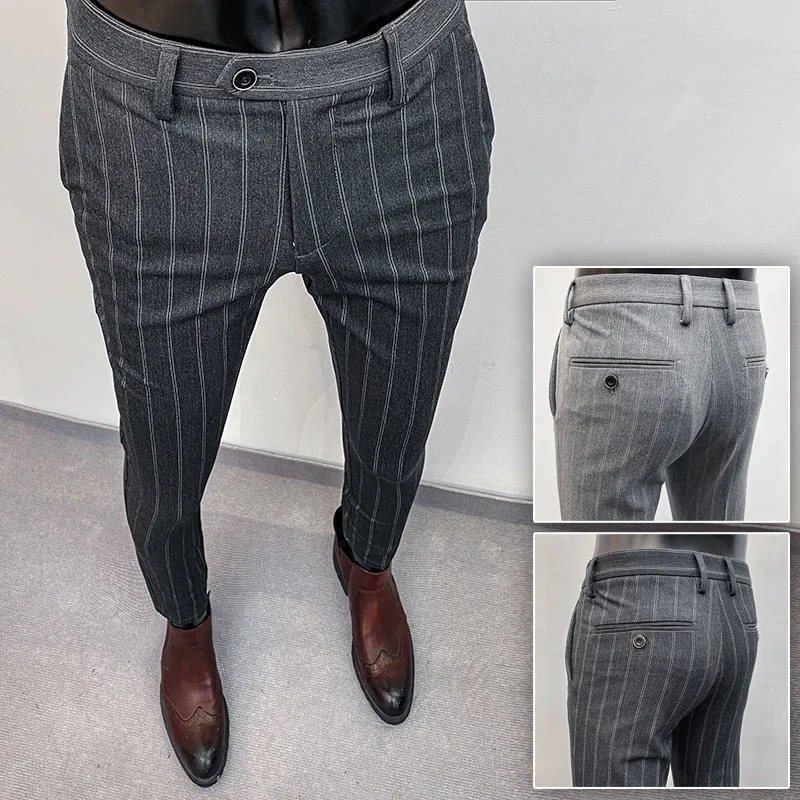 Men Stripes Suit Pants 2024 Spring New High-quality Slim Dress Fashion Casual Trousers Mens Clothing Formal Full Length Pants