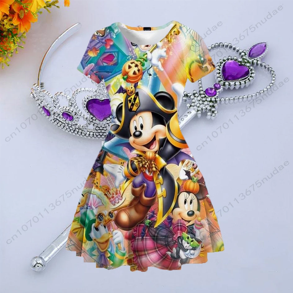 Round neck short sleeve pleated skirt floral sweet waist slim dress princess dress Disney Mickey print birthday party