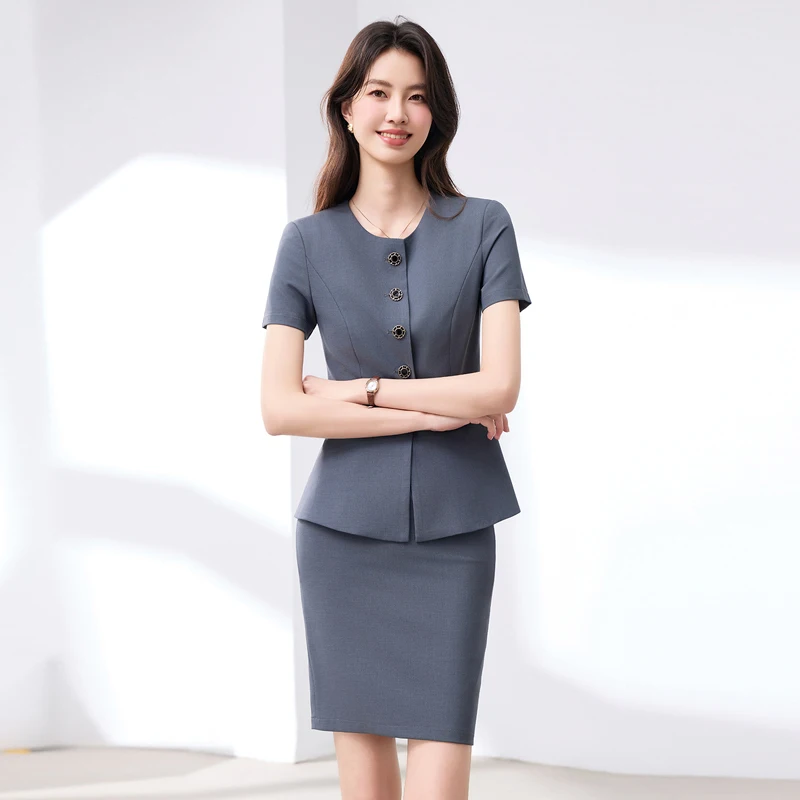 

High-End Gray Short-Sleeved Women's Suit Set with Skirt round Neck Professional Outfit for Summer 2026 Fitted Lawyer/Teacher