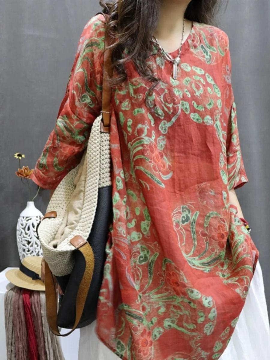 Camicetta stampata ampia di fascia alta Camicetta etnica vintage Sle Svel V-Ne Lino Casual irt Top estivo Faion da donna