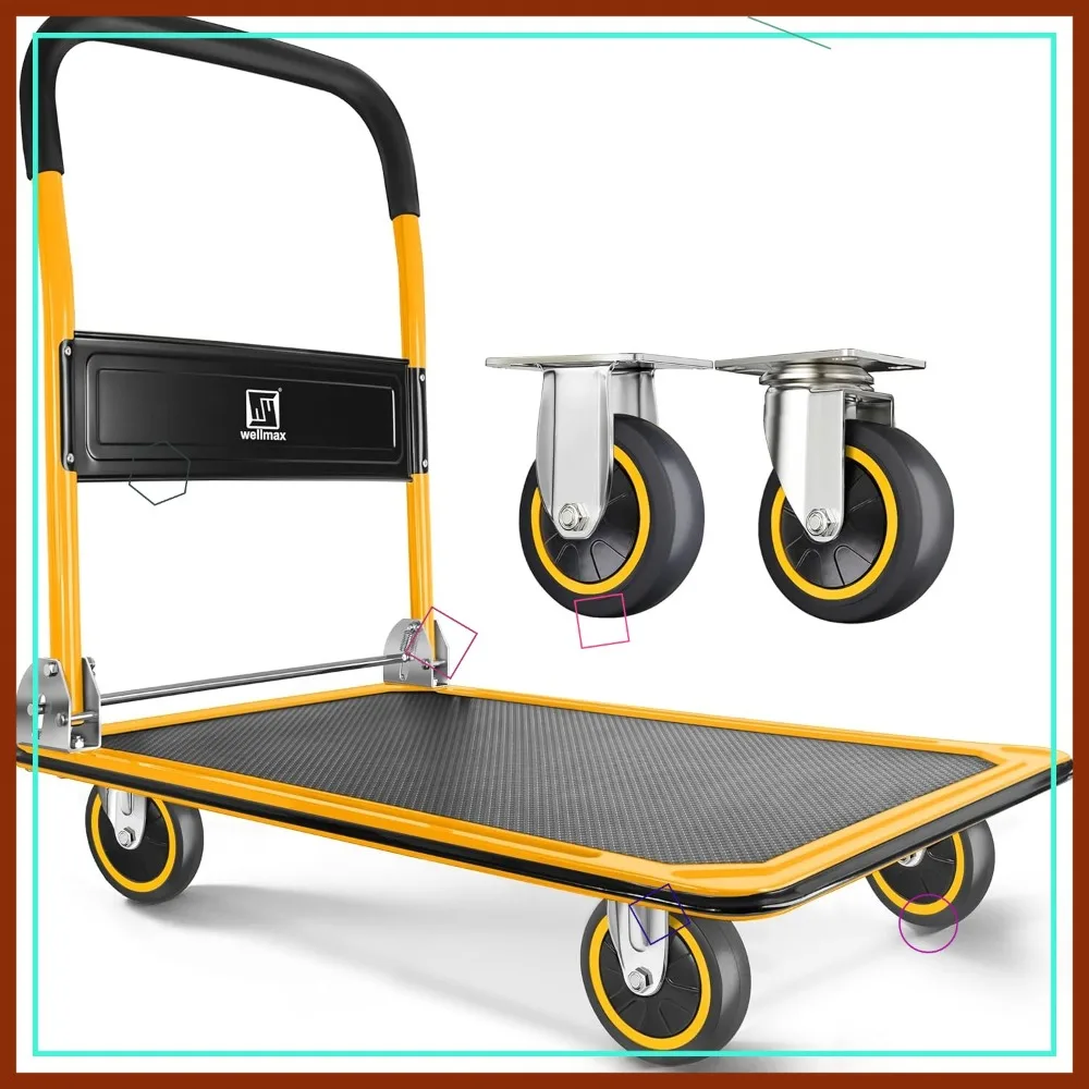 

Foldable Hand Truck with 360-Degree Swivel Wheels, 330lb Capacity, Yellow - Easy Storage Moving Platform