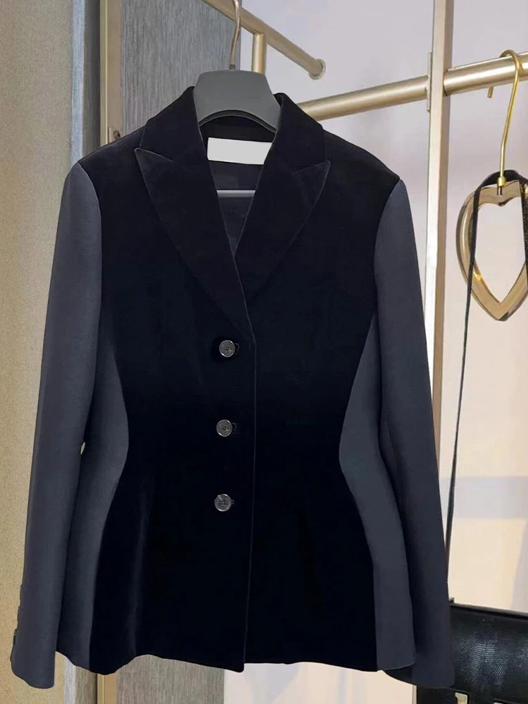 

Elegant Black Velvet Patchwork Suit Jacket Women's Fashionable Retro Spring Autumn High-End Light Maturity Small Western Style