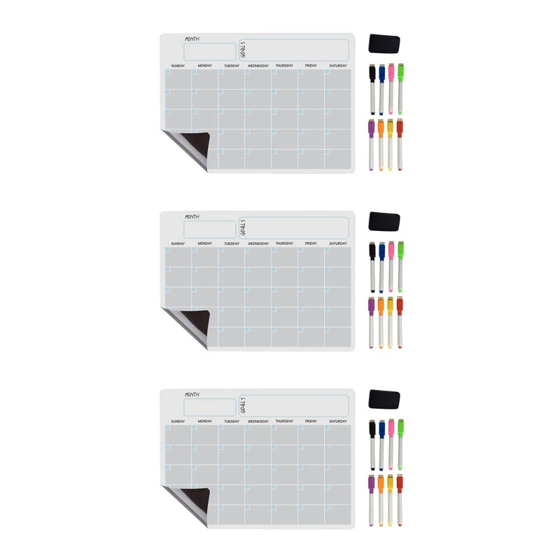 

3X A3 Magnetic Whiteboard Dry Erase Calendar Set Whiteboard Weekly Planner For Refrigerator Fridge Kitchen 17X12 Inch