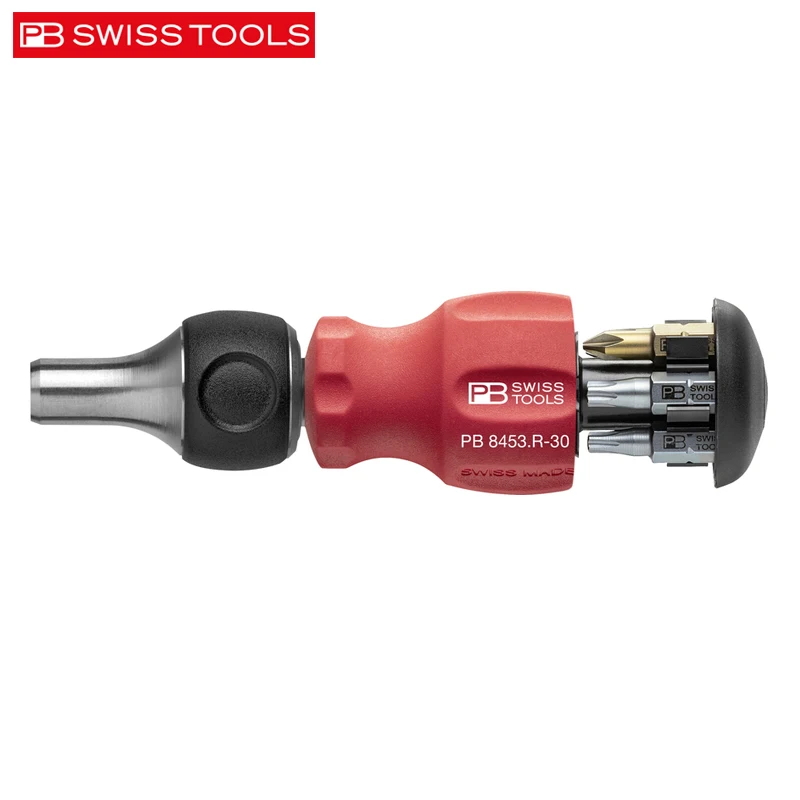 PB Swiss Tools PB 8453.R-30 Insider Stubby Ratchet - Pocket Tool with Bit Magazine and 6 PrecisionBits C6 - Swiss Made