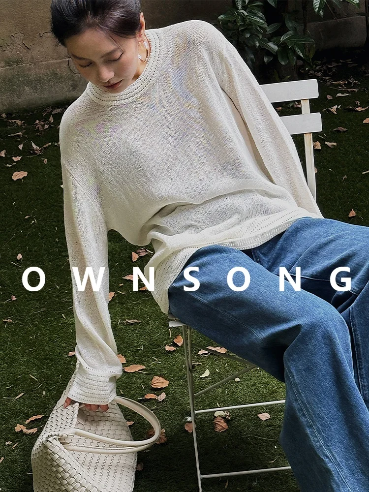 

Женская свободная вязаная кофта Ownsong с ажурным узором, прозрачная, для прохладных помещений, из смесового хлопка, с длинным рукавом и круглым вырезом