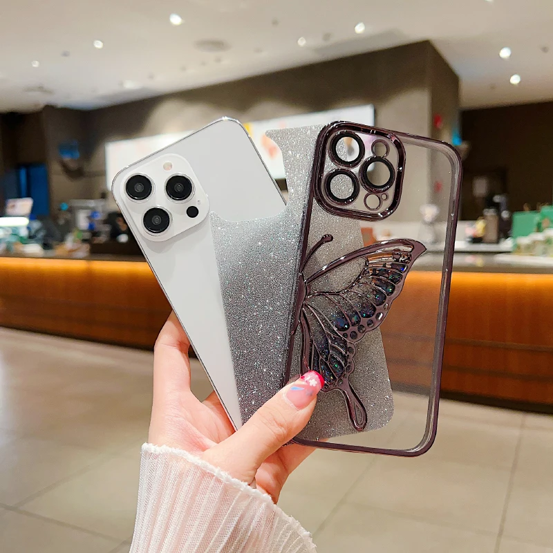 Funda de teléfono de mariposa con purpurina y borde chapado de Color sólido de lujo para iPhone 17 Pro Max Air 15 11 12 13 14 16 Pro Max