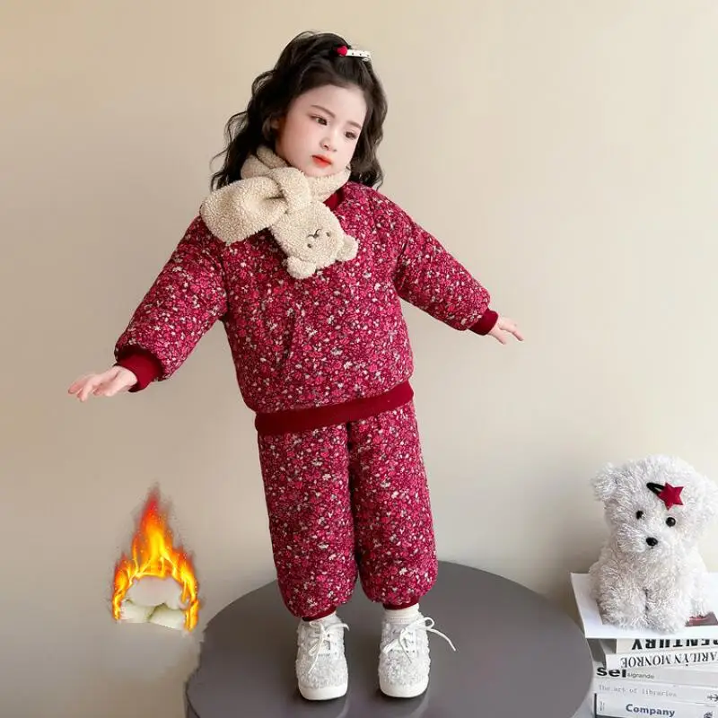

Winter Cotton-Padded Jacket Pants Two-Piece Set Pullover Floral Tops Pants Child Kawaii Fashion New Hot Casual Homewear Clothing