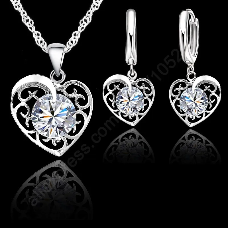 New Heart CZ Jewelry Sets 925 Sterling Silver Cubic Zirconia Heart Necklace Hoop Earrings Lever Back Wedding Party Jewelry
