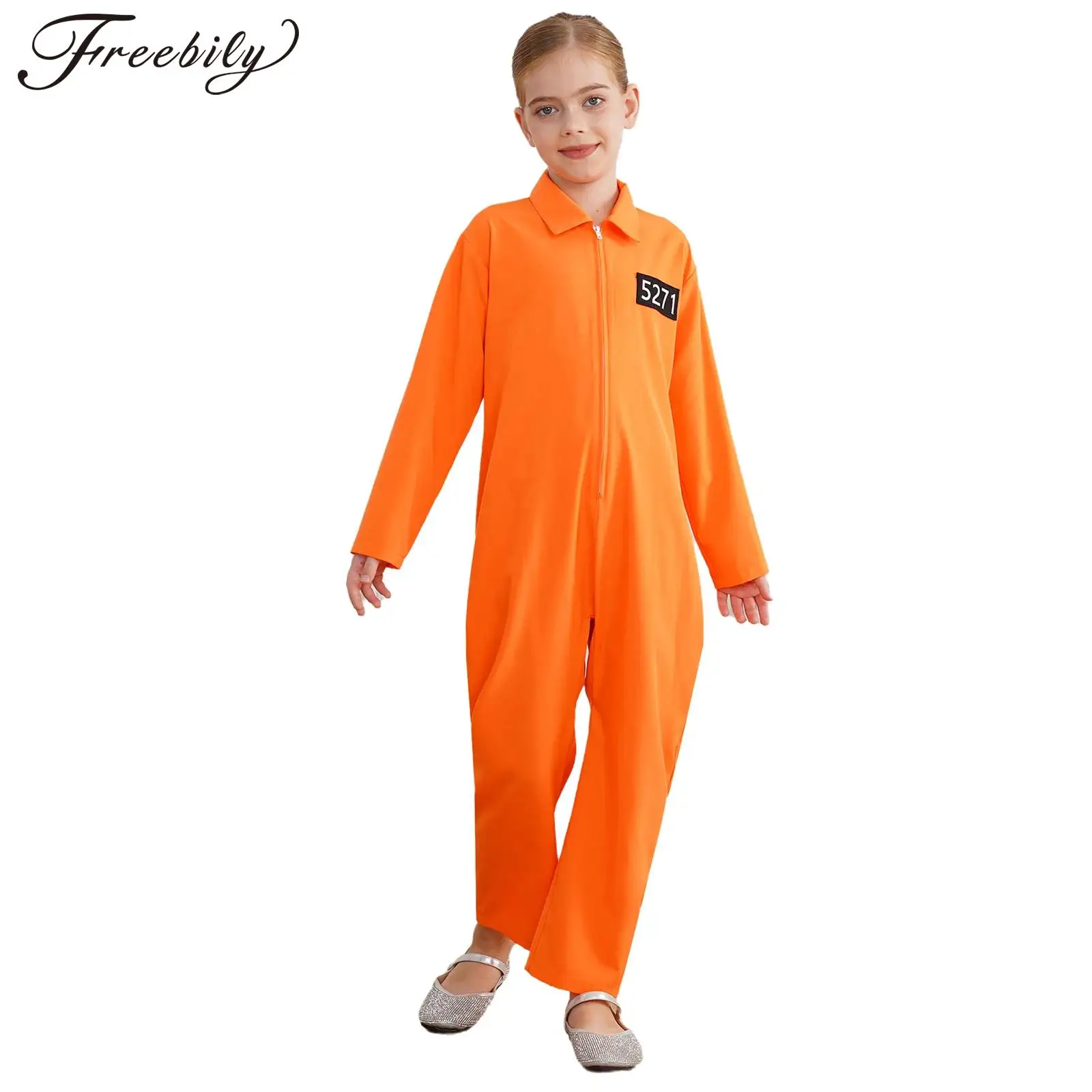 Boys Girls Prisoner Costume Long Sleeve Zipper Jumpsuit Full Bodysuit Jailbird Inmate Prison Uniform Halloween Cosplay Costumes