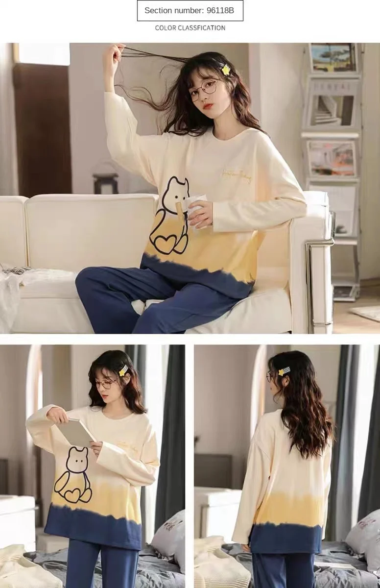 Damen-Pyjama in Übergröße, langärmelig, Seide, Cartoon-Studenten, Homewear, zwei Sets, Rundhals-Tops und Hosen, Nachtwäsche, Loungewear – Detail 2