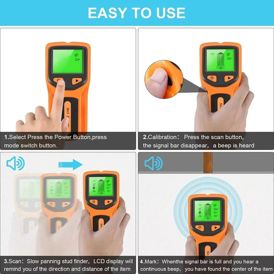 HW430 5in1 Wall Stud Detector LCD Display Multifunctional Handheld for Wood AC Wire Cable Metal Detector Electric Wall Finder, image 3