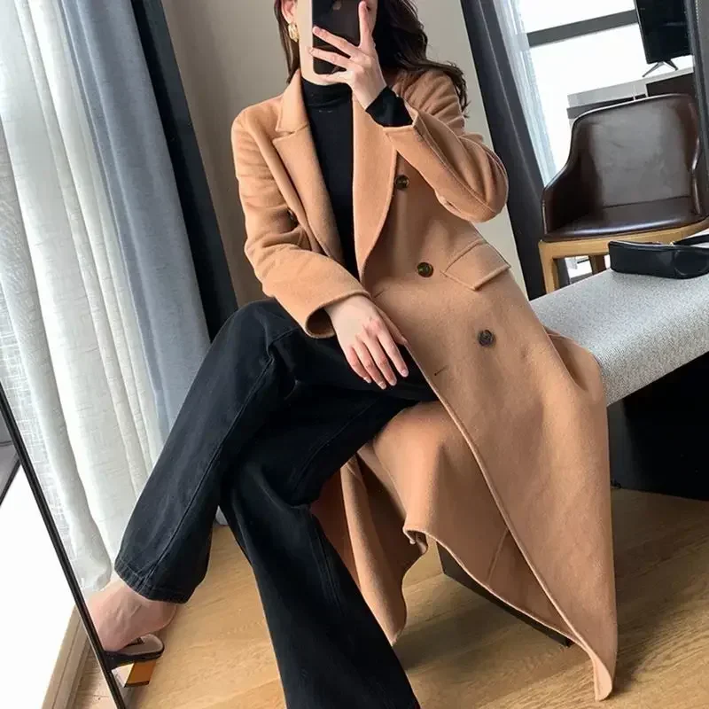 Clearance Winter Trench Coat for Women Elegant Korean Double-breasted Wool Coat Long Jacket Black Office Lady Loose Outwear