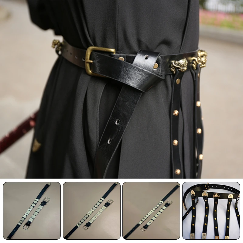 Metallic PU Leather Belt Men Hanfu Chinese Ancient Costume Ming Dynasty Royal Guards Waistband Halloween Party Cosplay Prop Belt