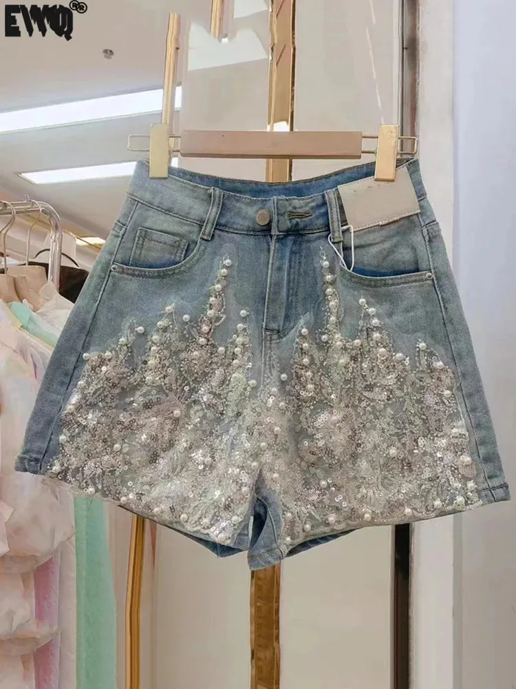 

[EWQ] Beautiful Beaded Cowboy Shorts Female's New Fashion High Waist Wide Leg Denim Pant For Women 2024 Spring Summer 16U9083