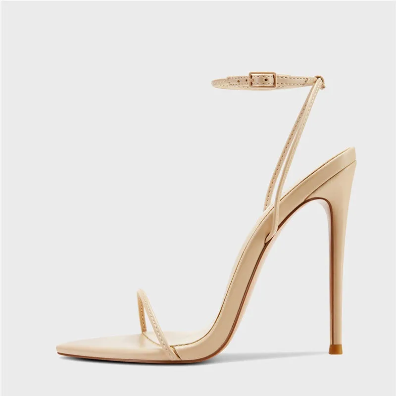 Arden Furtado 2025 Summer Pointed toe Thin heels Buckle Pure colour Narrow Band Super high heel Open toe Sandals Ankle Strap