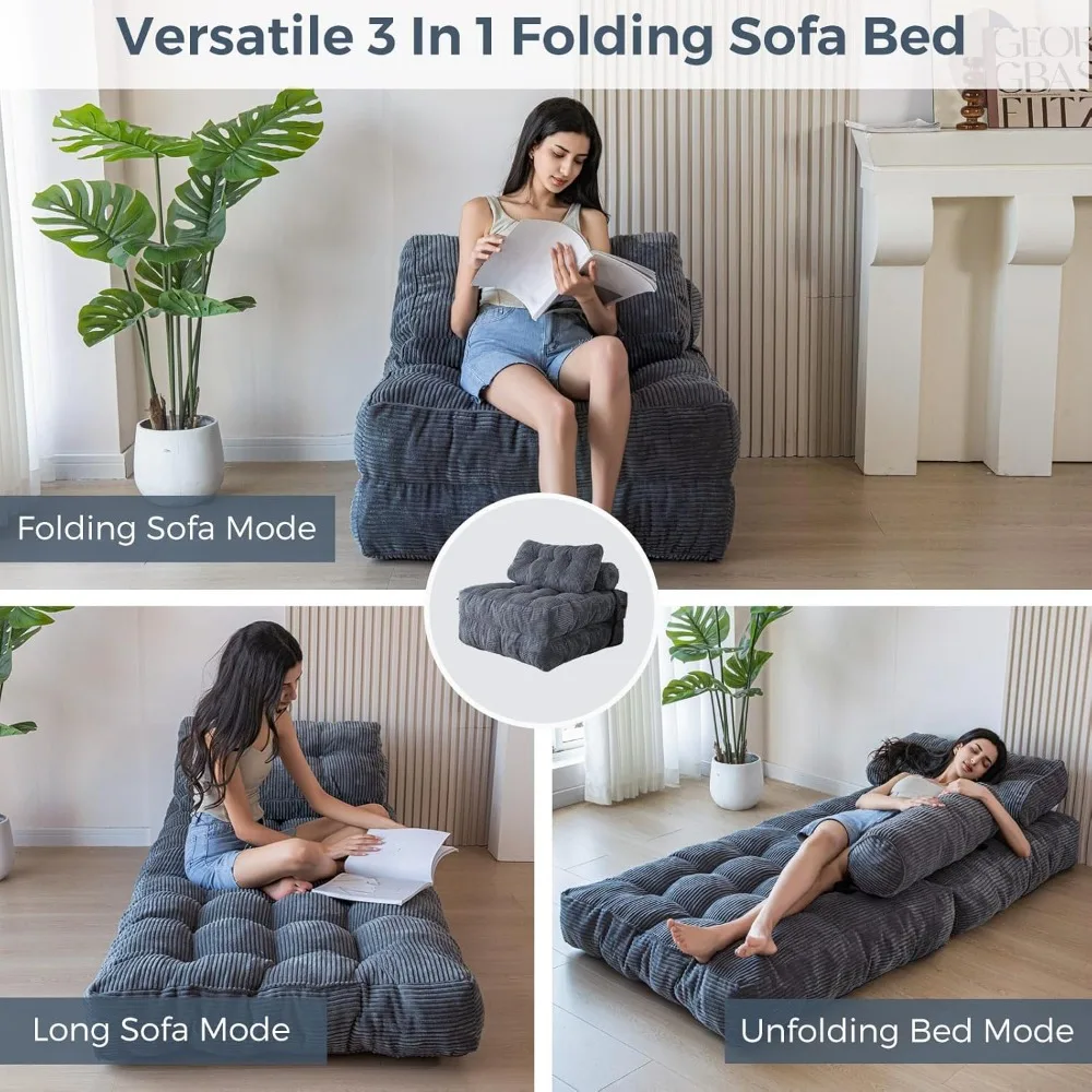 Folding Sofa Bed, Convertible Sleeper Chair with Pilow Foldable Matress with Back Support, Portable Fold Out Chair Bed Sofa