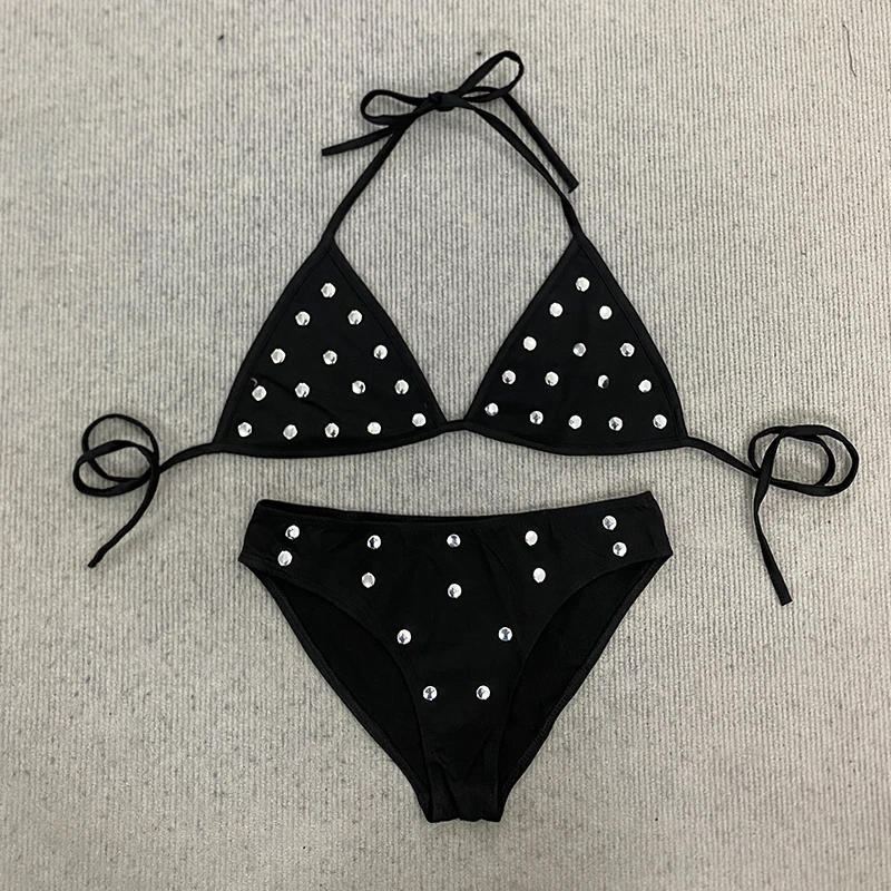 Aesthetics Solid Color Rivet Decoration Slim Suspender Vest Briefs One Piece Fashion Beach Holiday Sexy Spicy Girl Navel Bikini