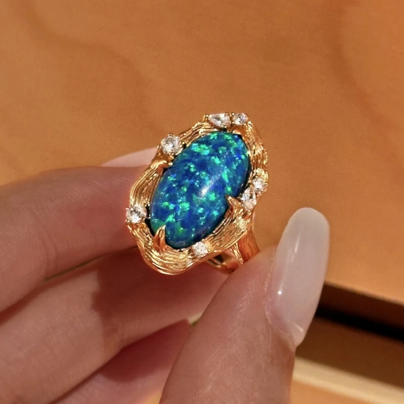 

BELLUX 925 Sterling Silver Gold Plated Oval Blue Synthetic Opal Cocktail Ring Vintage Zircon Luxury Boho Party Jewelry