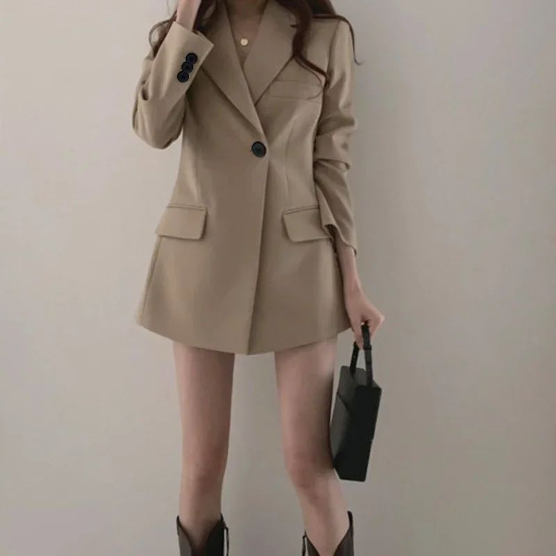 Women Khaki Black Mid Length Chic Blazers Solid Colors Single Button Plus Size Suits 2023 Spring Autumn New Work Casual Blazer