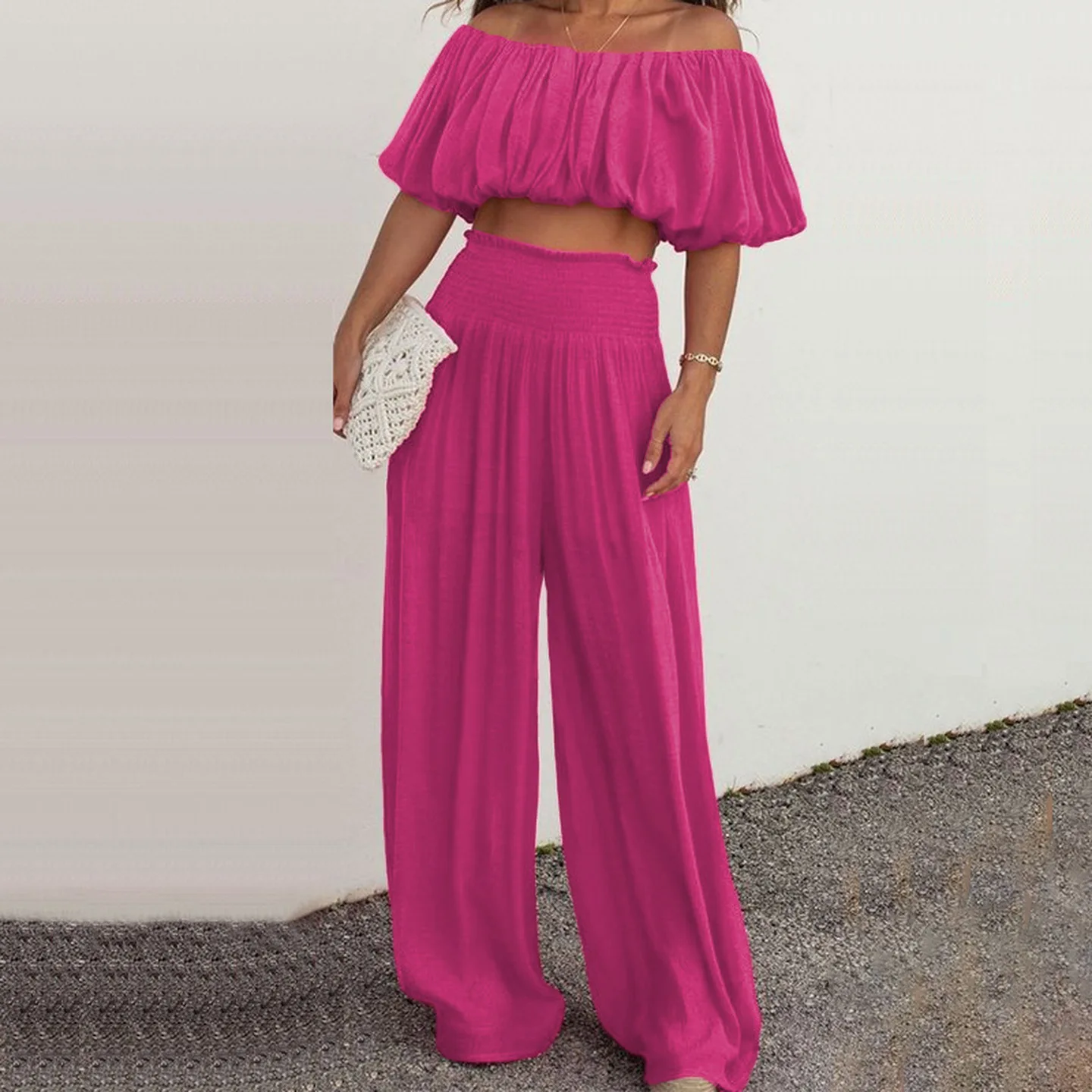 

off oulder Wide Leg Pants Set Women's Faion Spring Collection Polyester Fabric Two-Piece Suit Winter Season Appropriate