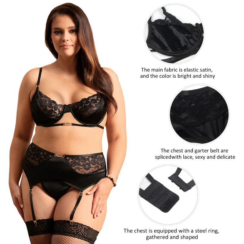 Ohyeahlady High Waist Floral Suspender Underwear Set Sexy Intimates Bra Briefs Plus Size Sheer Underwire Garter Lingerie Panties