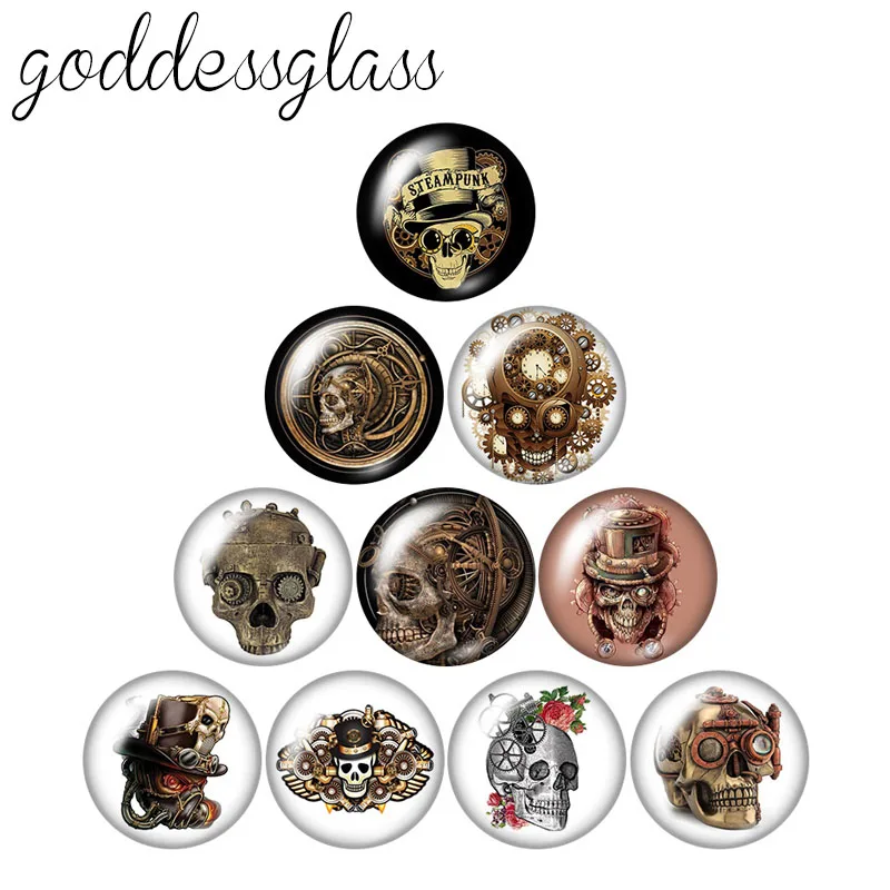 

New steampunk skull Mechanical Punk 10pcs 12mm/18mm/20mm/25mm Round photo glass cabochon demo flat back Making findings