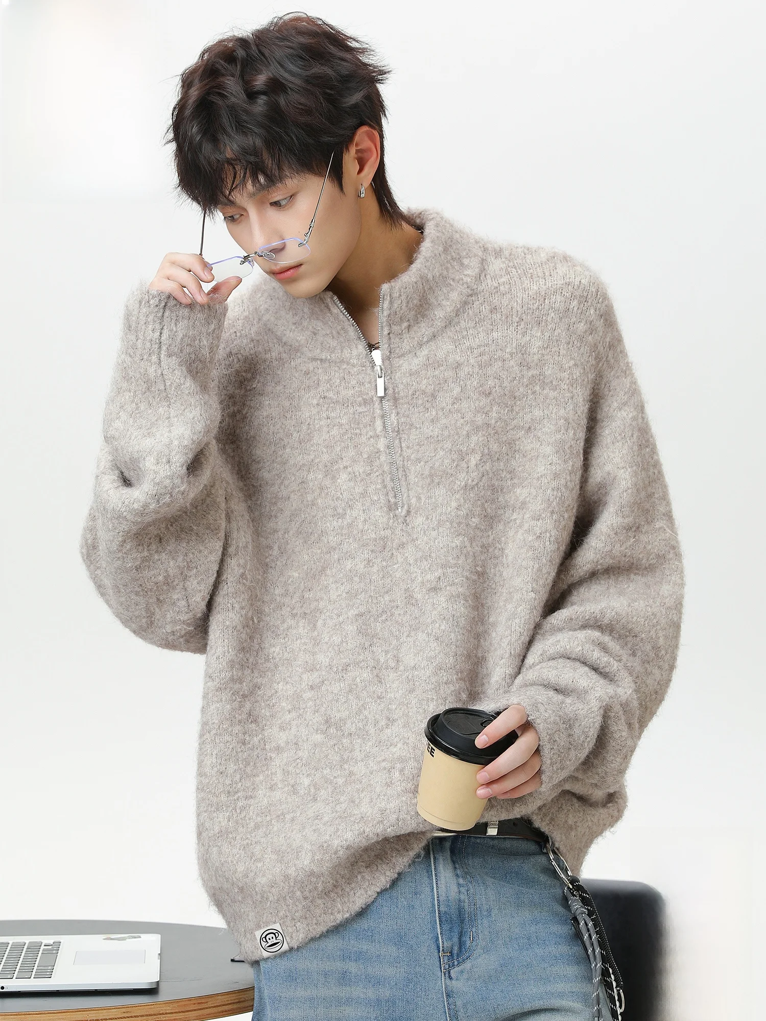 

Свитер Paul Frank M Lazy Winter вязаный на молнии, свободного кроя, комфортный, теплый, с дизайном в виде головы обезьяны, повседневный