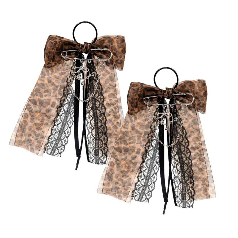 Removable Shoe Decorations Pair with Leopard Bows, Lace Streamers and Silver-Tone Chain Detail, Clip On Western Cowgirl 6XDA